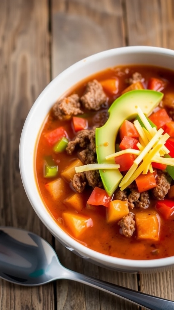 A bowl of low carb taco soup with ground beef, tomatoes, and bell peppers, topped with cheese and avocado.
